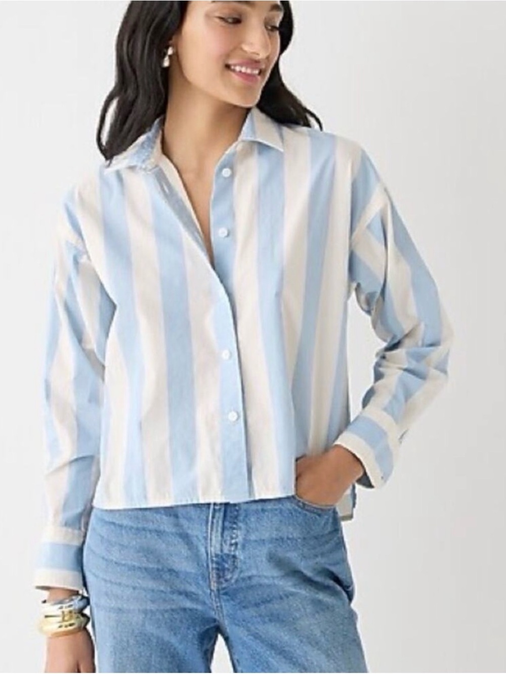 J.Crew Relaxed Coastal Cropped Shirt Barlow Stripe Blue Cali Euro Summer Sz 6